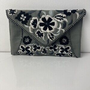 Charlie Page Gray Floral Embroidered Beaded Clutch With Snap Closure